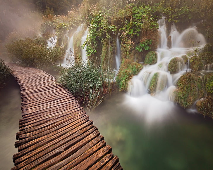 white and green floral textile, waterfall, bridge, long exposure, HD wallpaper