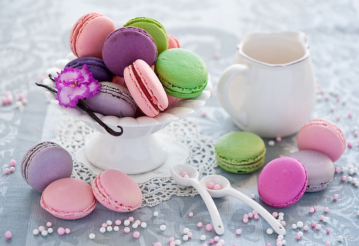 baked macaroons, cookies, dishes, colorful, dessert, spoon, cuts, HD wallpaper