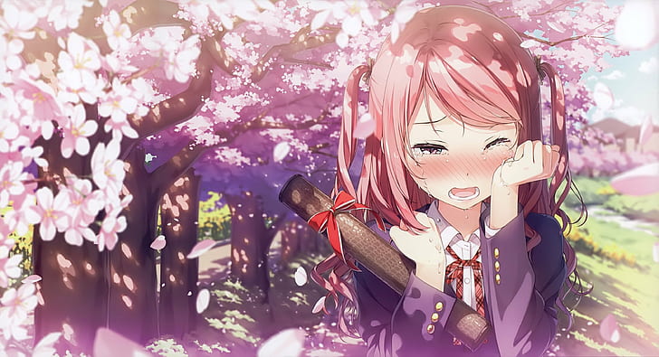 Blushing, Cherry Blossom, Cute anime girl crying, Hair Bows, HD wallpaper