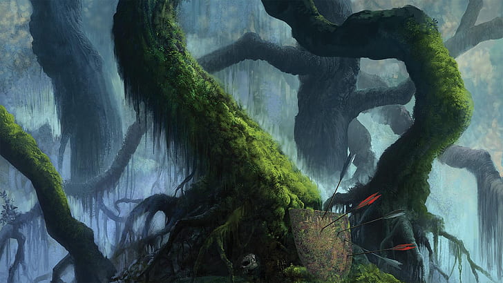 moss, arrows, forest, mist, skull, trees, branch, nature, fantasy art, HD wallpaper