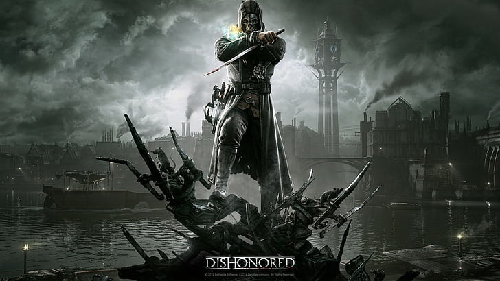 Dishonored game wallpaper, Corvo Attano, video games, water, architecture