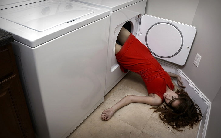 women's red mini dress, girl, sleeping, washing Machine, people