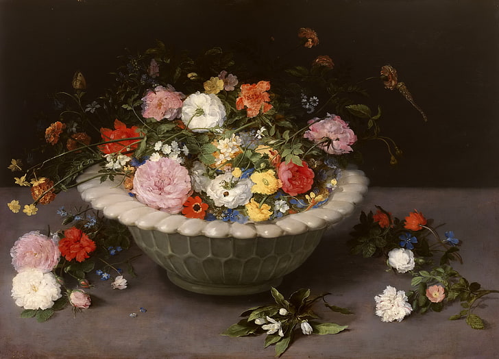 assorted flowers on a bowl painting, bouquet, still life, Art