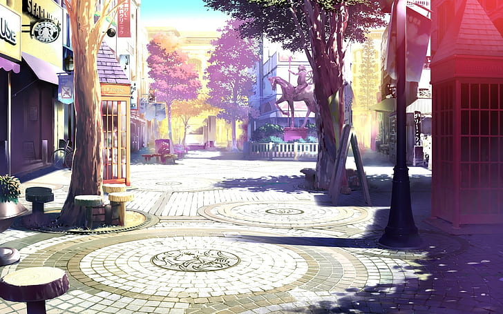 HD wallpaper: artwork, anime, landscape, drawing, architecture, town square  | Wallpaper Flare