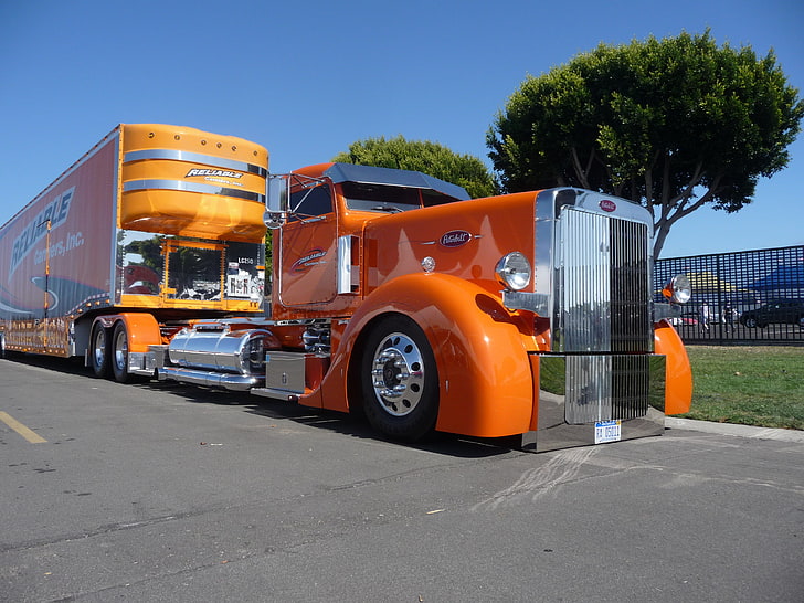 orange freight truck, cabin, custom, reliable, big rig, peterbilt