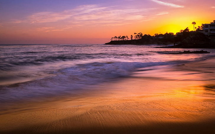Heisler Park, Laguna Beach, seawave during sunset, HD wallpaper