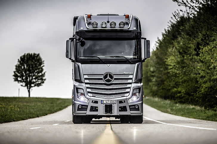 gray Mercedes-Benz truck, view, cabin, cargo, tractor, Actros