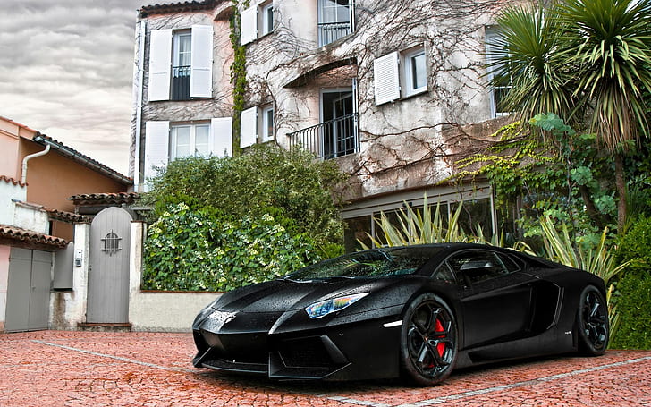 Black Lamborghini LP700-4 Aventador supercar, house, black lamborghini aventador