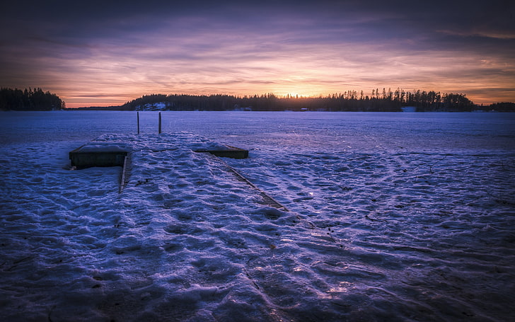 frozen lake, snow, sky, sunset, cloud - sky, beauty in nature, HD wallpaper