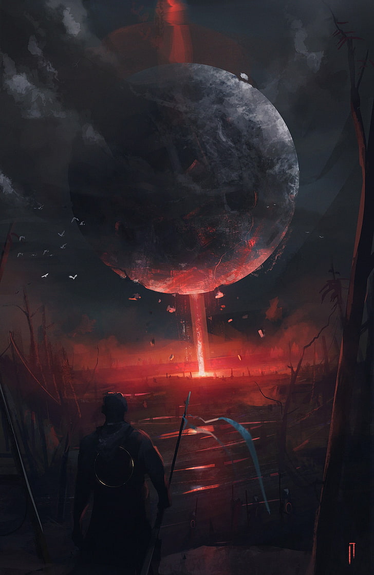 full moon and man with spear painting, fantasy art, futuristic