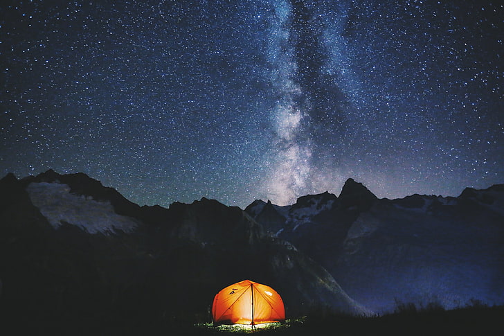 orange camping tent, the sky, night, the milky way, star - Space, HD wallpaper