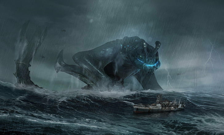 fantasy Art, Kaiju, Pacific Rim, rain, Sailing Ship, storm