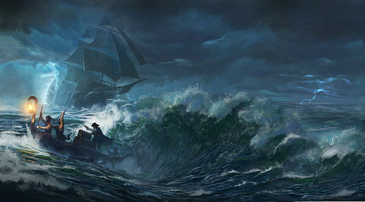 sea boat storm pirates ship, HD wallpaper