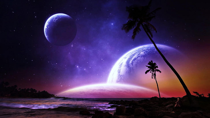 planet, palms, stars, shore, dream, colorful, space, beach, HD wallpaper