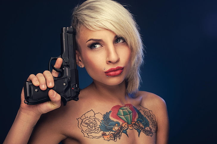 Provocative Tattooed Girl Poiting Guns Her Stock Photo 207530611   Shutterstock