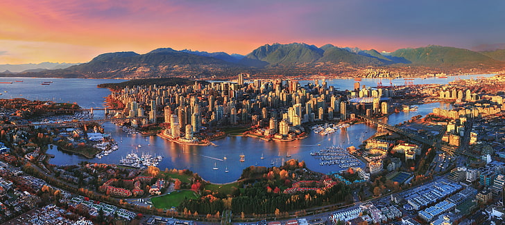 aerial photography of city, Vancouver, sunset, landscape, lake, HD wallpaper