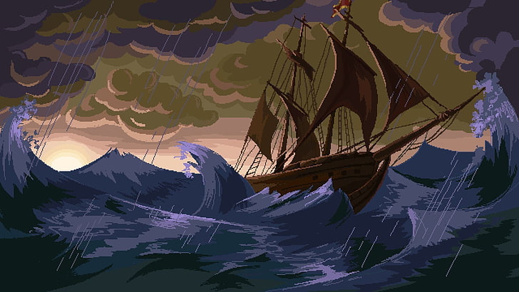 brown ship, pixels, pixel art, sailing ship, sea, waves, storm