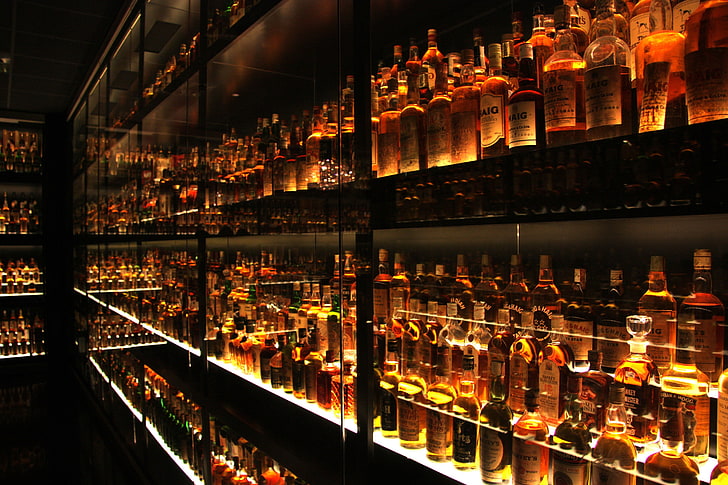 assorted-brand bottle lot, Scotch, bottles, shelves, alcohol