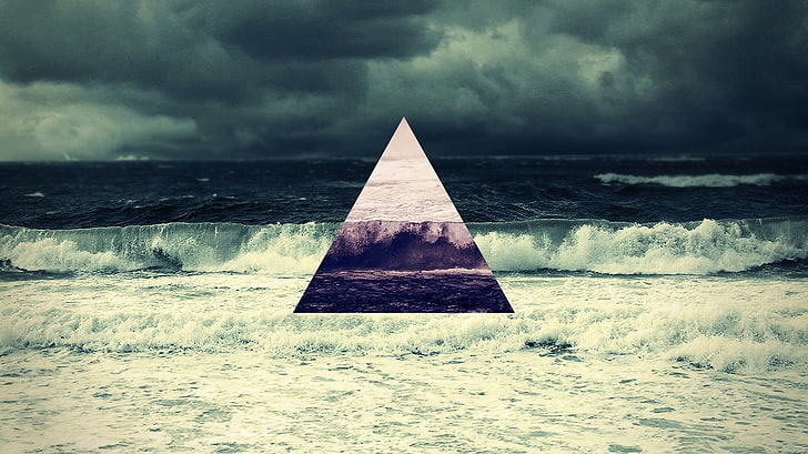 ocean wave poster, sea, waves, triangle, clouds, digital art, HD wallpaper