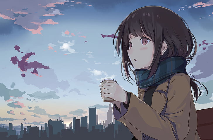 HD wallpaper: anime girl, profile view, brown hair, buildings, scarf |  Wallpaper Flare