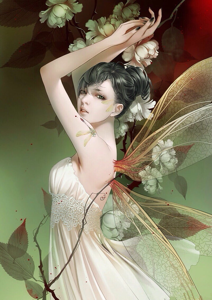 fairies, white flowers, white dress, flowering plant, women, HD wallpaper