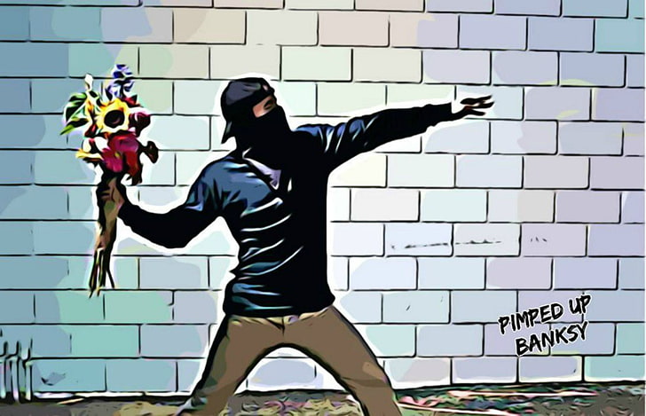 man holding flower bouquet painting, digital art, graffiti, street art