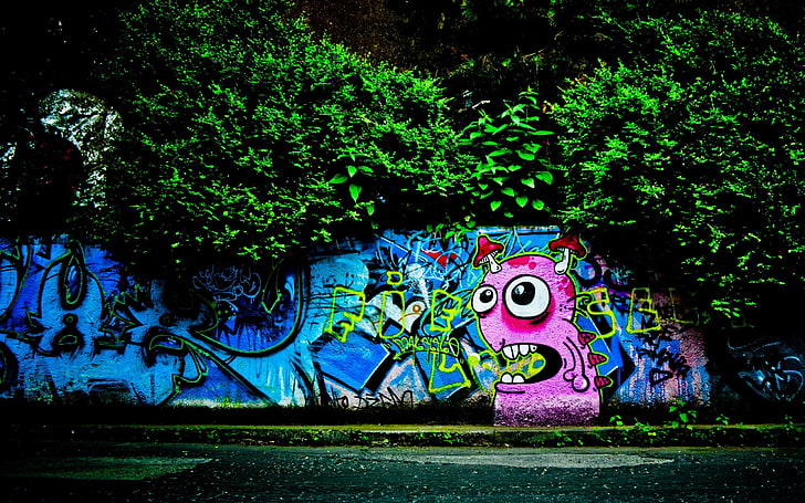 graffiti, wall, urban, road, cyan, foliage, pink, art and craft