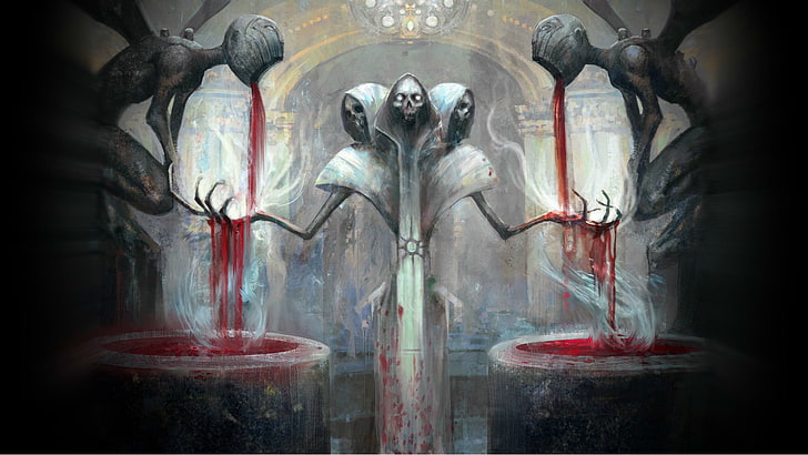 demon-themed illustration, death, blood, skeleton, skull, the altar