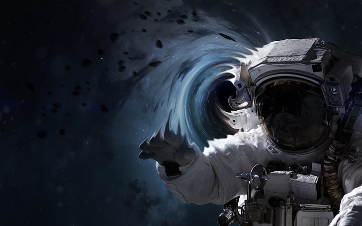 white astronaut wallpaper, space art, black holes, digital art, HD wallpaper