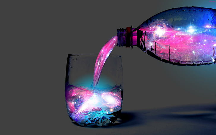Liquid Space Drink, pink, artistic, water, blue, glass, bottle