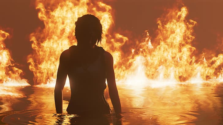 Shadow of the Tomb Raider, fire, Lara Croft, destruction