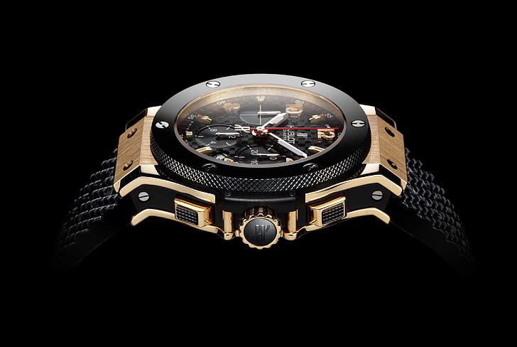 gold-colored and black chronograph watch, Swiss watch, Hublot, HD wallpaper