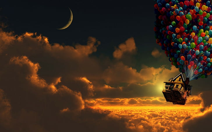 Up, Movie, Sunset, Balloons, House, Moon, Crescent Moon, Clouds