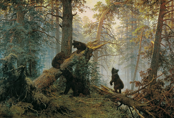 black bears in forest painting, Ivan Ivanovich Shishkin, Morning in a pine forest