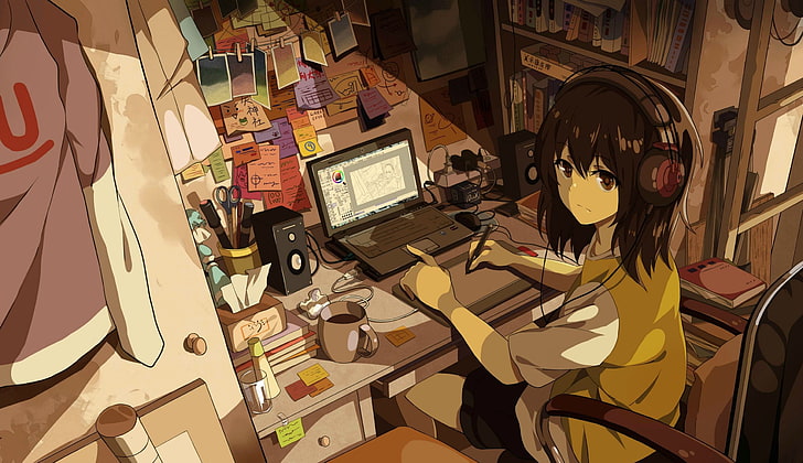 room, anime girls, original characters, bedroom, Japan, computer, HD wallpaper