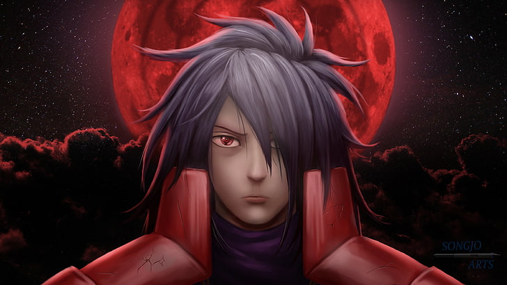 Uchiha Madara, anime, Naruto Shippuuden, red, Red moon, Blood moon, HD wallpaper