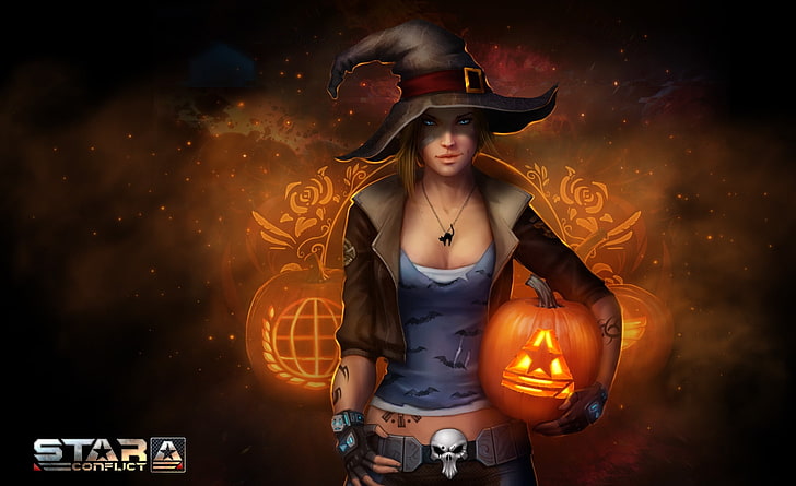 Star Conflict, Games, Other Games, Orange, Girl, Witch, Halloween, HD wallpaper
