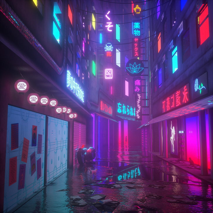 assorted-color neon signage lot, cyberpunk, reflection, cat, vaporwave