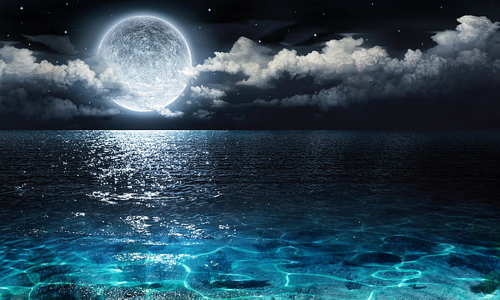 moon above body of water photo, sky, sea, cloud - sky, beauty in nature, HD wallpaper