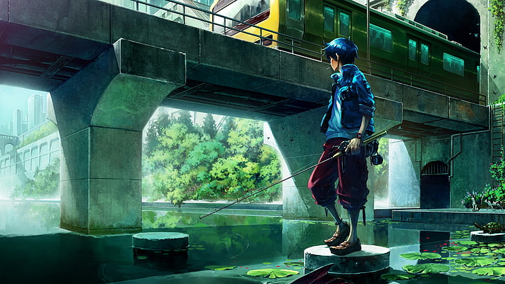 animated boy in blue jacket holding fishing rod wallpaper, anime boys