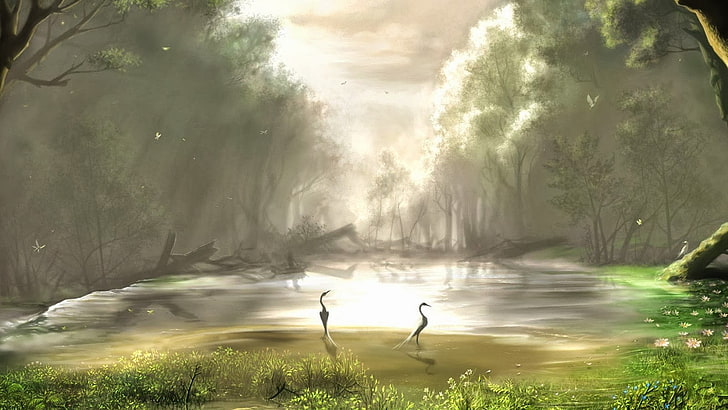two birds near body of water and trees illustration, fantasy art, HD wallpaper