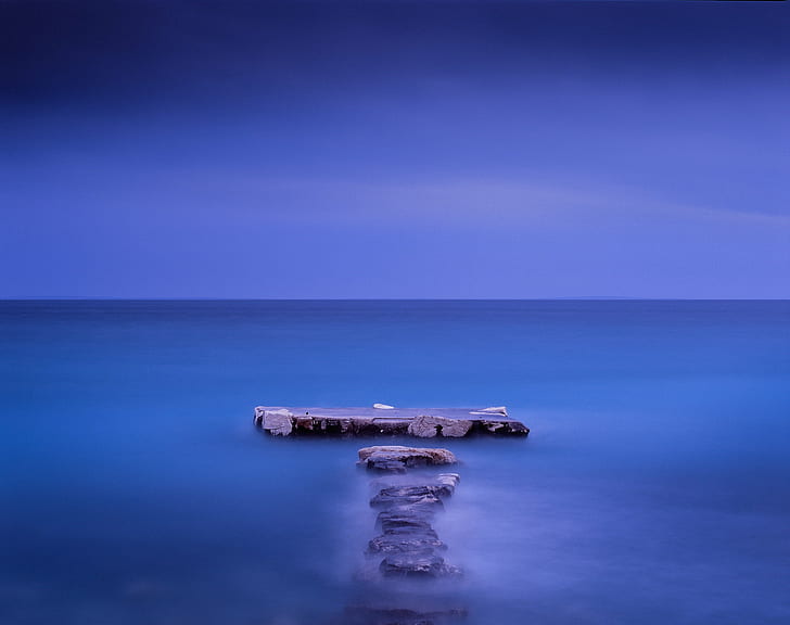 stepping stones on water, Waiting, Valhalla, sea, long exposure