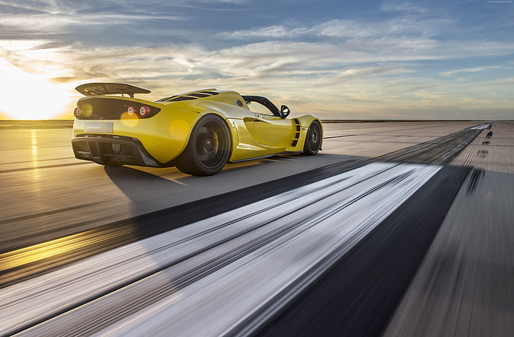 racing, Hennessey Venom GT Spyder, flag USA, yellow, sport car, HD wallpaper