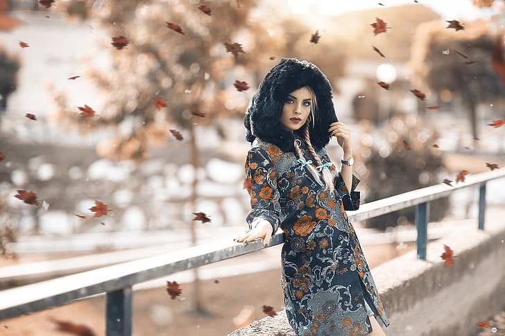 women's gray and brown floral coat, woman in black and gray floral dress, HD wallpaper