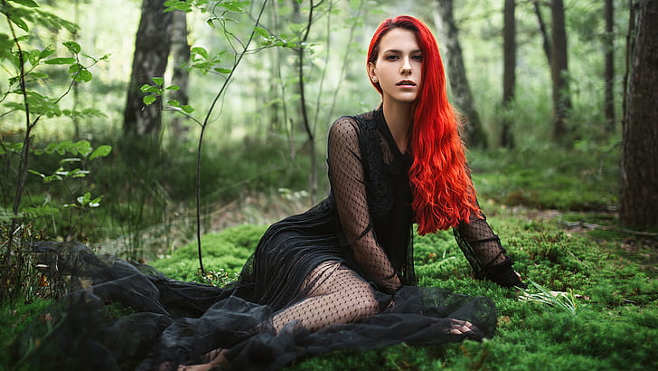 Igor Kondukov, women, redhead, dyed hair, long hair, wavy hair