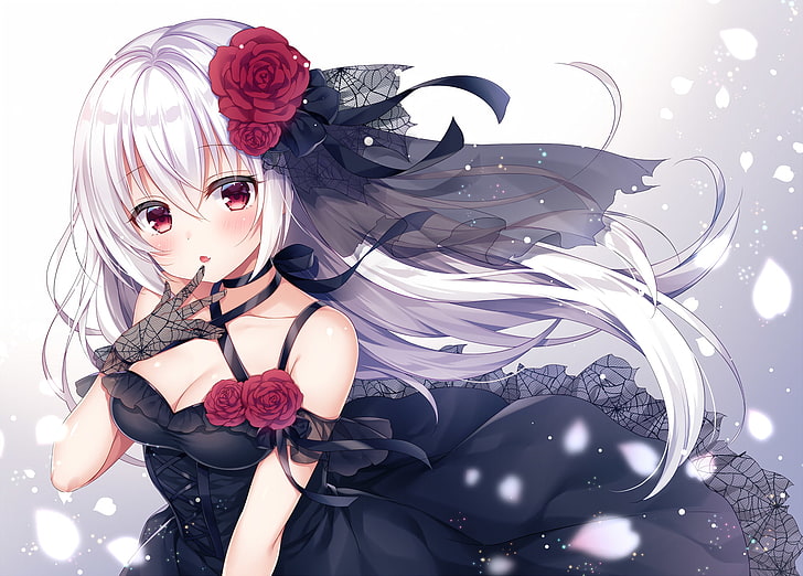 anime girls, white hair, roses, petals, black dress, representation, HD wallpaper