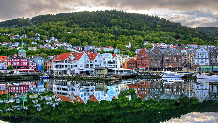 reflection, trees, water, house, hills, Norway, Bergen, architecture
