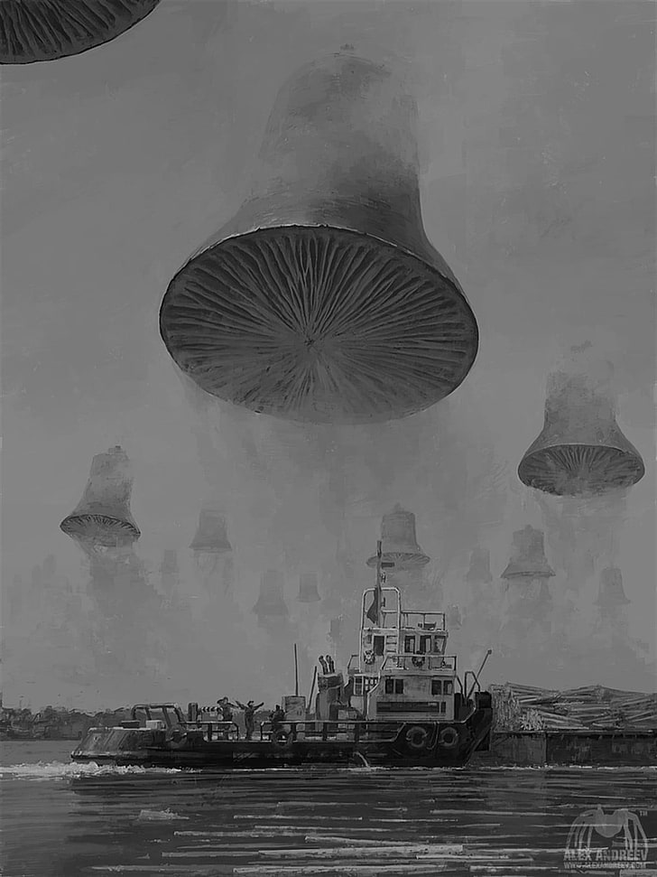 grayscale photo of ship, surreal, artwork, concept art, Alexey Andreev
