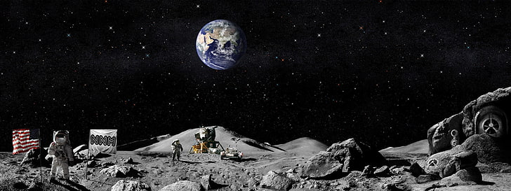 planet earth digital wallpaper, the moon, flag, Americans, The astronauts, HD wallpaper