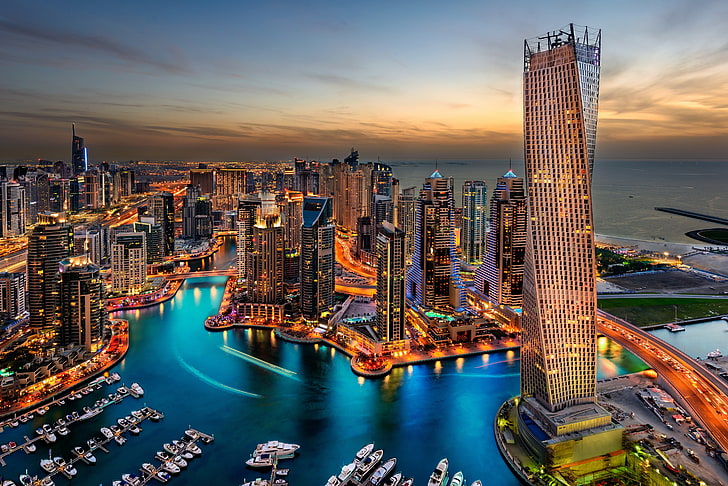gray building, city, water, sky, Dubai, built structure, building exterior, HD wallpaper